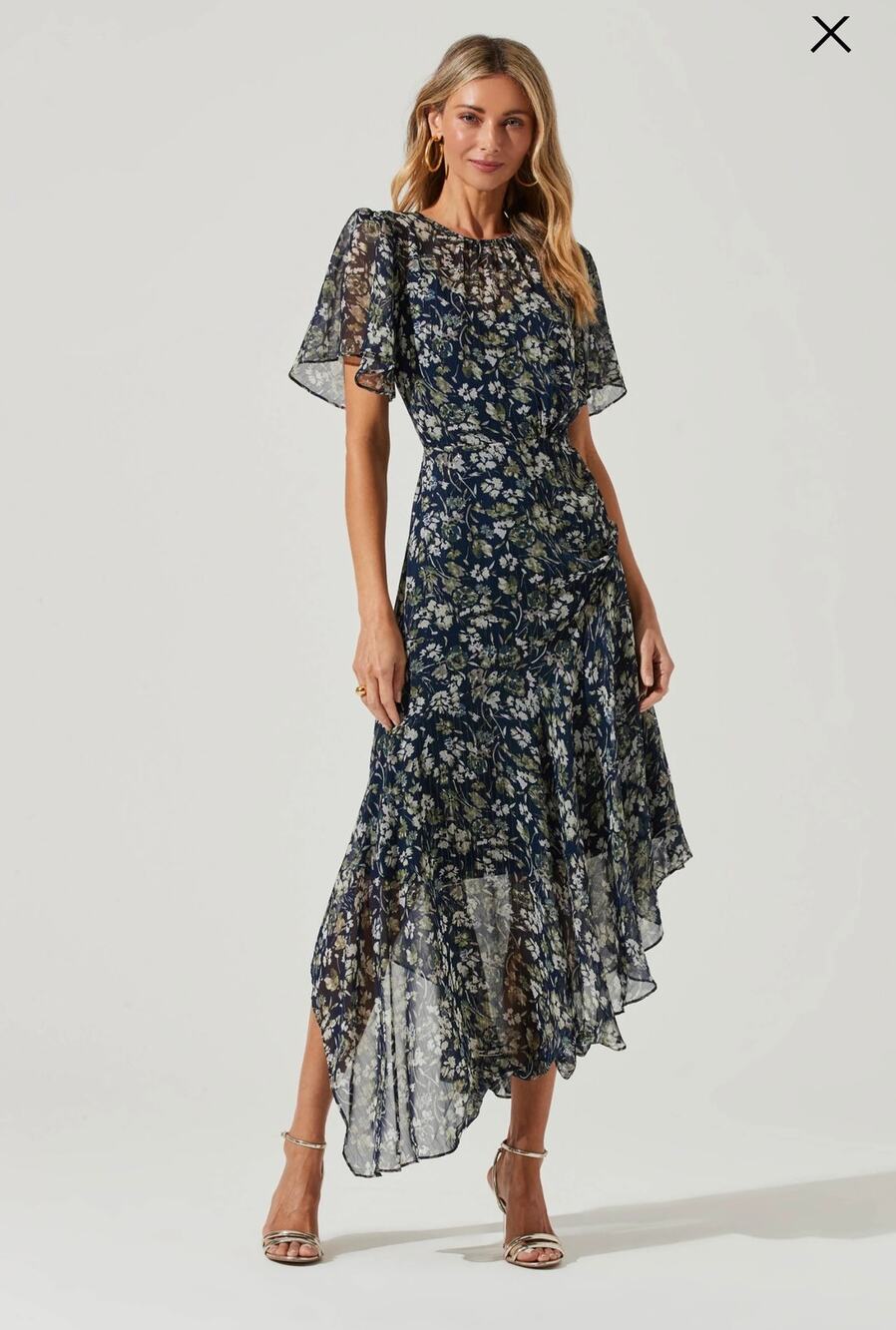 ASTR THE LABEL DRESS SMALL FLUTTER SLEEVE FLORAL ASYMMETRIC MAXI METALLIC DETAIL